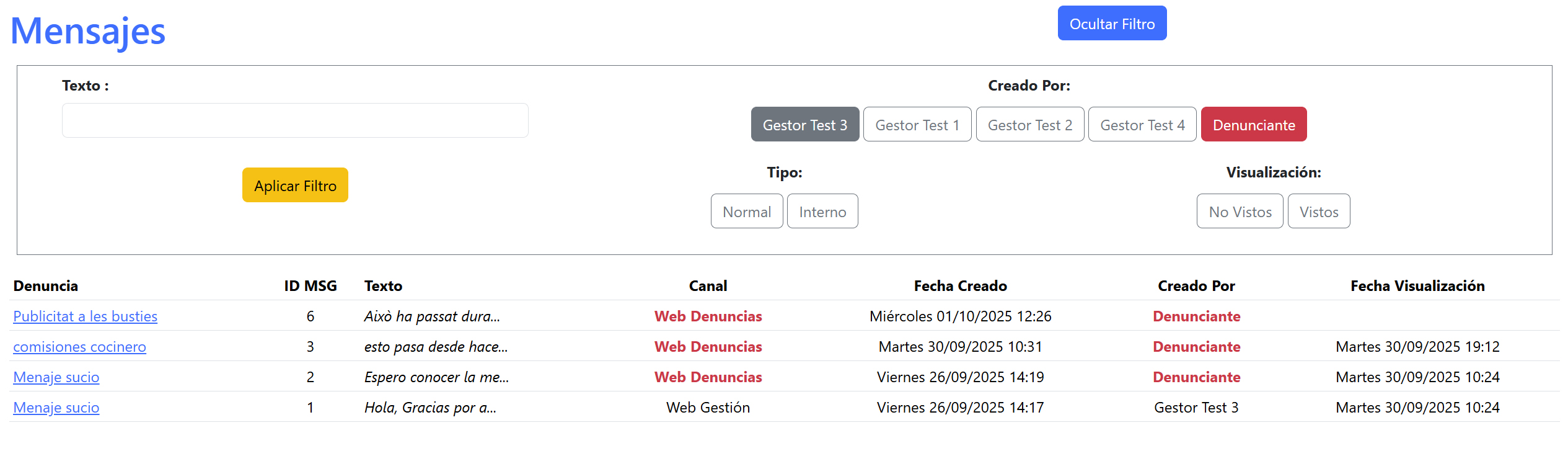 Lista mensajes - filtro aplicado