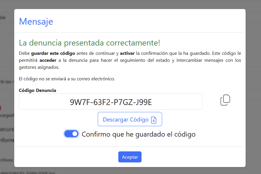 Aviso registro denuncia y datos acceso